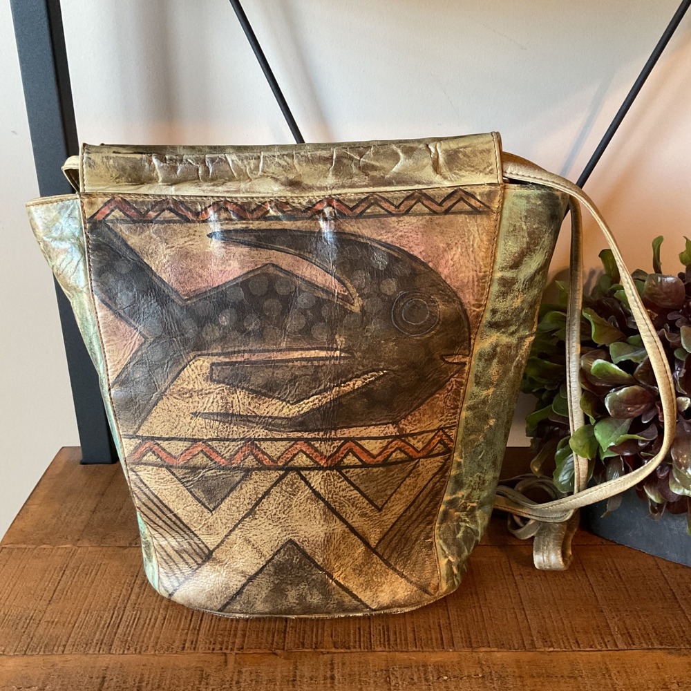 Jane Yoo‎ Wearable Art Crossbody Hobo Bucket Bag Purse Leather Handpainted Fish